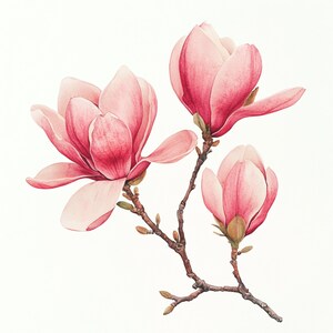 May include: A watercolor painting of three pink magnolia blossoms on a branch with green leaves.