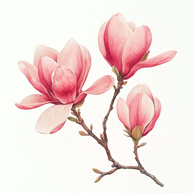 May include: A watercolor painting of three pink magnolia blossoms on a branch with green leaves.