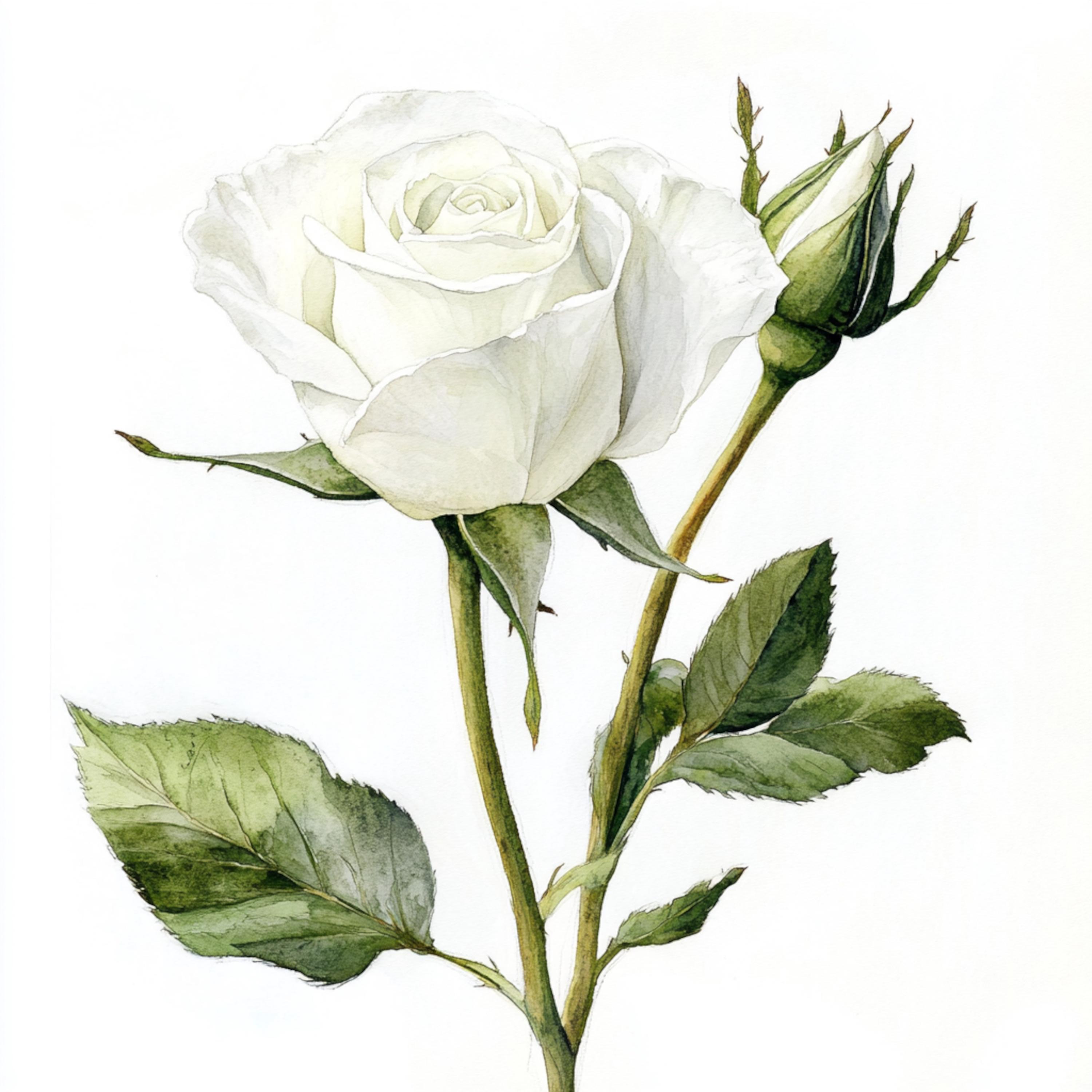 White Roses Color Art 10 Printable White Rose Arts, Watercolor Rose Bud, Rose Bud Botanical ...