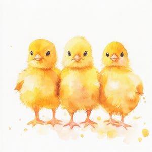 May include: Watercolor painting of three fluffy yellow chicks standing side by side. The chicks have orange beaks and feet, and dark eyes. The background is white with yellow paint splatters.