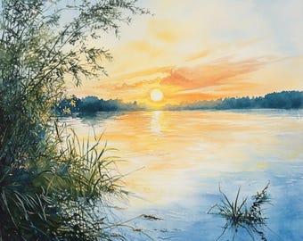 印刷可能な朝の湖の風景10選、日の出の湖の水彩画、夏の朝の湖、商用
