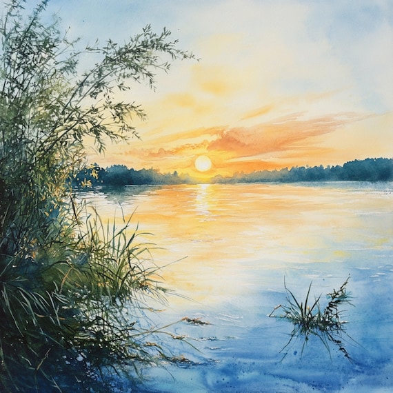 印刷可能な朝の湖の風景10選、日の出の湖の水彩画、夏の朝の湖、商用