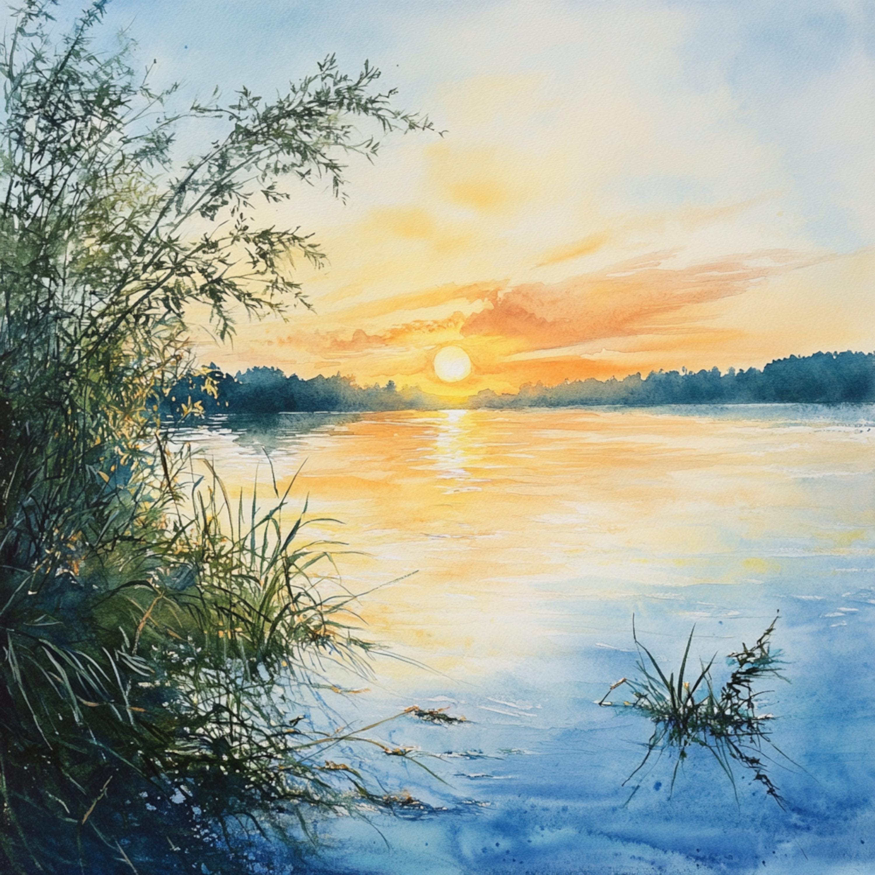 印刷可能な朝の湖の風景10選、日の出の湖の水彩画、夏の朝の湖、商用