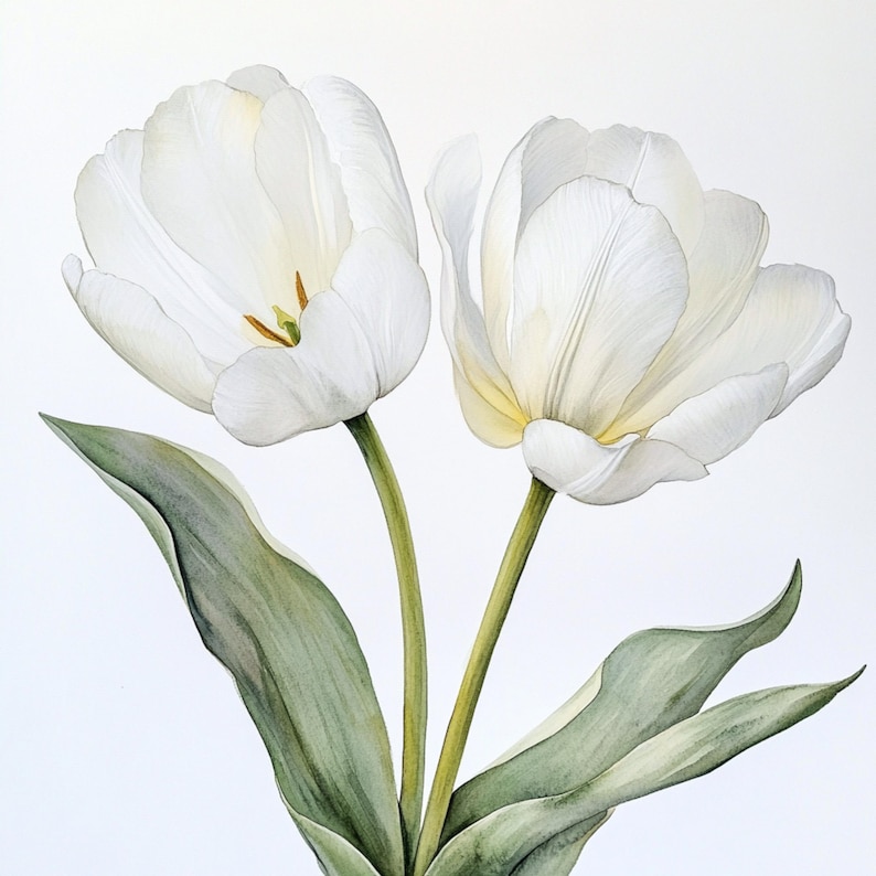 Puede incluir: Dos tulipanes blancos con hojas verdes sobre un fondo blanco. Los tulipanes est&aacute;n en plena floraci&oacute;n y tienen un aspecto delicado y suave.