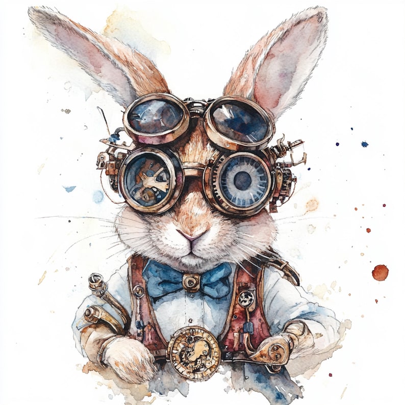 10 Steampunk Bunny Clipart, Steampunk Rabbit, Watercolor Art, Paper ...