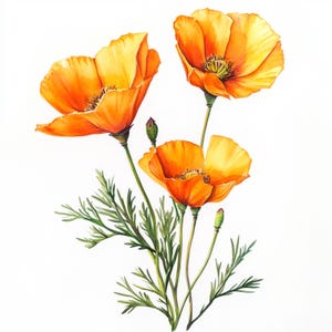 10 immagini artistiche di papaveri della California stampabili, acquerelli, arte botanica di papaveri arancioni, JPG stampabili, uso commerciale, design della carta