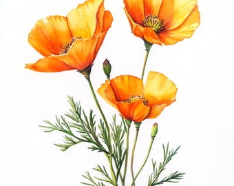 10 Printable California Poppies art, watercolor Images, Orange poppies botanical art, Printable JPGs, Commercial Use, Paper design