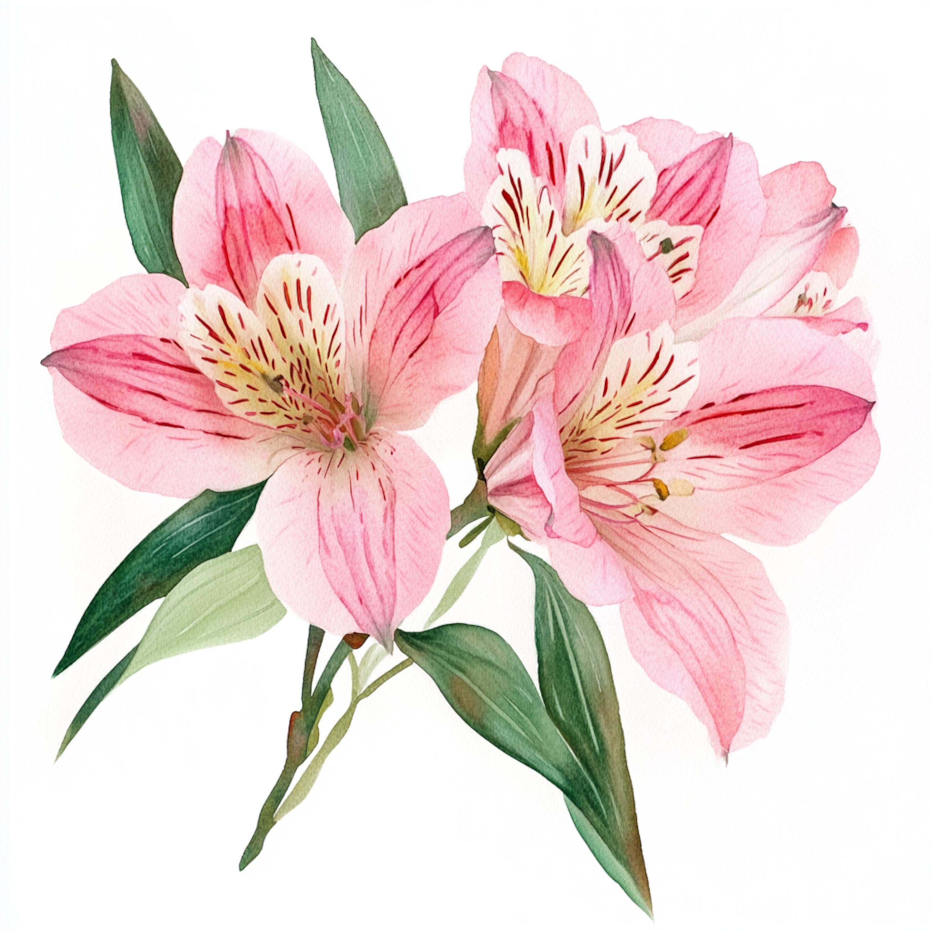 12 Printable Alstroemeria, Pink Flower Alstroemeria, Watercolor Clipart