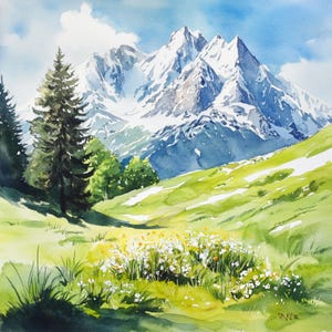 Printable Alps landscape art, Alps art, Mountain landscape art, Watercolor landscape Clip Art, Spring Alps landscape print