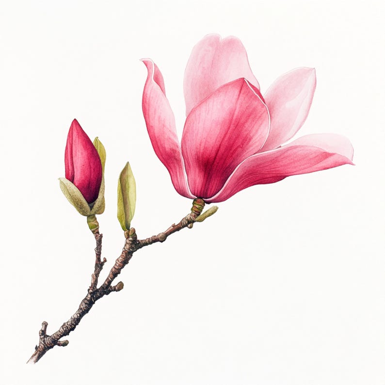 May include: A watercolor painting of a pink magnolia flower in bloom with a bud on a branch.
