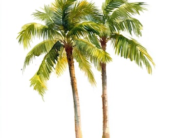 10 Printable Palm trees, watercolor tree, botanical art, Green tree decor, Palm trees art, Minimalist Watercolor tree, tropical trees