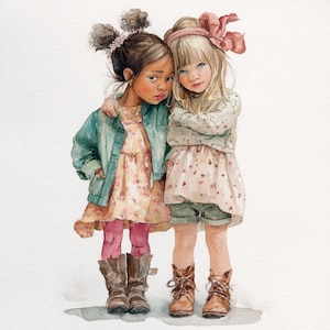 10 ragazze stampabili, migliori amiche Bambine, migliori amiche, clipart di ragazze carine, arte dell&#39;acquerello, amicizia infantile, arte motivazionale