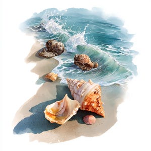 May include: Watercolor painting of seashells on a sandy beach with ocean waves. The shells vary in size and color, with shades of brown, orange, and pink. The waves are a mix of blue and white.