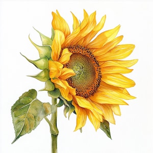 May include: A watercolour painting of a sunflower with yellow petals and a brown centre. The sunflower is facing to the right and is partially closed. The stem is green and has a single leaf.