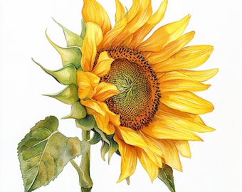10 Printable sunflower art, watercolor Images, sunflower botanical art, sunflower flowers design, Summer yellow flower, floral clip art