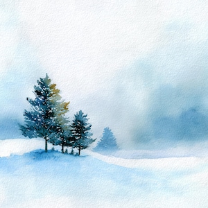 Peut inclure: Aquarelle d'un paysage hivernal avec des conifères bleus et verts sur une colline enneigée. Le ciel est d'un bleu doux et sourd, créant une scène sereine et paisible.