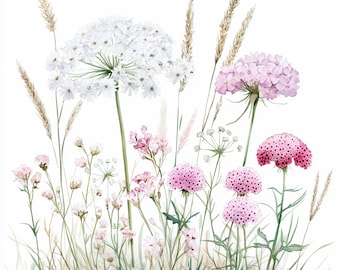 10 Printable Wildflowers, watercolor White pink flowers, Wildflower ClipArt, Meadow flowers design, queen anne's lace design, pink Dianthus