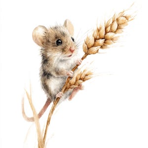 May include: Watercolor illustration of a small mouse with brown and gray fur, holding a stalk of wheat. The mouse has large ears and a long tail. The wheat is a golden brown color, and the background is white.