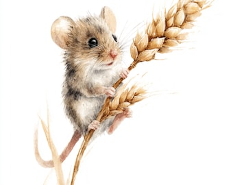 10 Printable mouse on stem ear of wheat, watercolor mouse ClipArt, Printable JPGs, fall decoration, Commercial use, Paper design, cute mouse