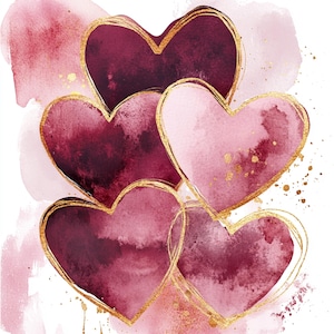 Cuori bordeaux e oro stampabili, cuori bordeaux e oro acquerellati, cuori carini, uso commerciale, decorazione a forma di cuore di carta, creazione di regali d'amore