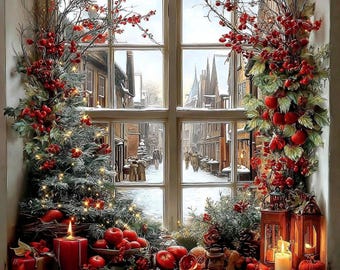 14 Printable Winter Vintage Window, Christmas decor, watercolor art, Winter decor Clipart, Winter floral greeting card, Christmas decoration