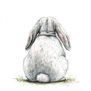 May include: A white rabbit with gray fur is sitting with its back to the viewer. The rabbit has long, floppy ears and a fluffy tail.