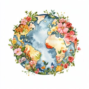 May include: A watercolour painting of the Earth surrounded by colourful flowers. The Earth is painted in shades of blue, green, and brown, with continents and oceans visible. The flowers are a variety of colours, including pink, red, yellow, and orange.