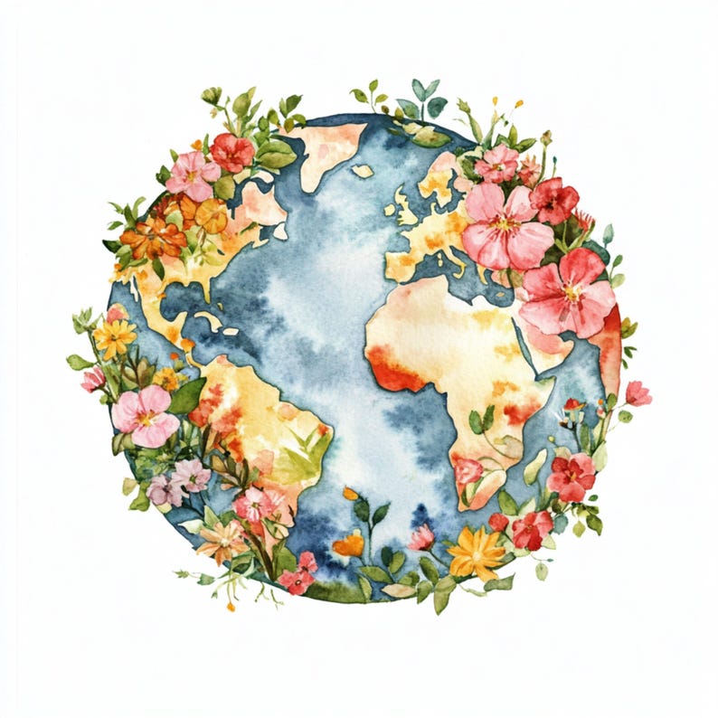 Earth Planet Floral Globe, Watercolor Art, Earth Globe Clipart ...