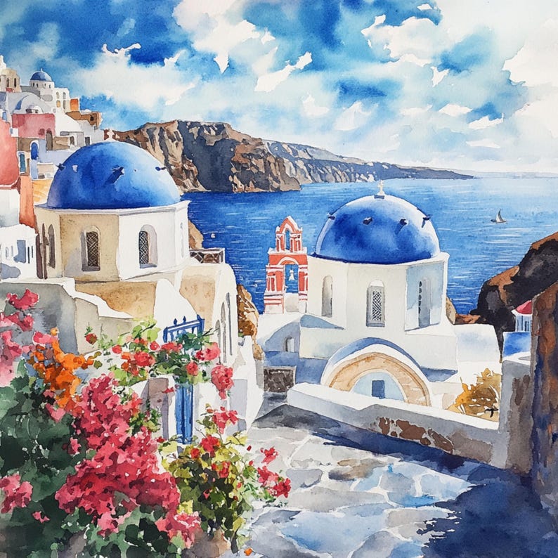 May include: A watercolor painting of a white building with blue domed roofs in a seaside village. The building has a bell tower and is surrounded by lush greenery. The sky is blue with white clouds.