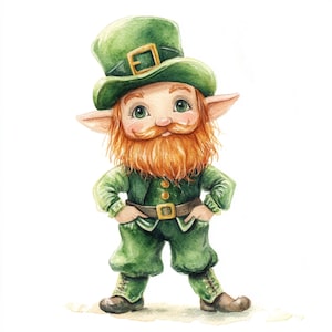 May include: A watercolor illustration of a cartoon leprechaun wearing a green hat with a gold buckle, a green vest, and green pants. The leprechaun has a red beard and is standing with his hands on his hips.