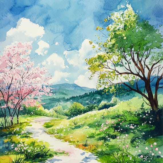 10 印刷可能な春の風景画、水彩風景画、川岸アート、水彩クリップ