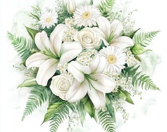 10 bouquet blanc imprimable, lys aquarelle, art botanique de lys, bouquet de mariage blanc, impression lys blanc, utilisation commerciale, roses blanches