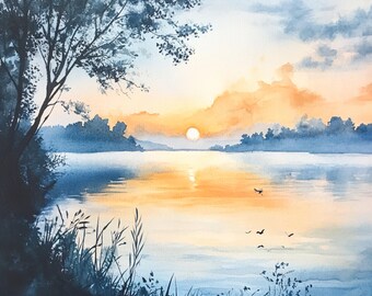 印刷可能な朝の湖の風景10選、日の出の湖の水彩画、夏の朝の湖、商用