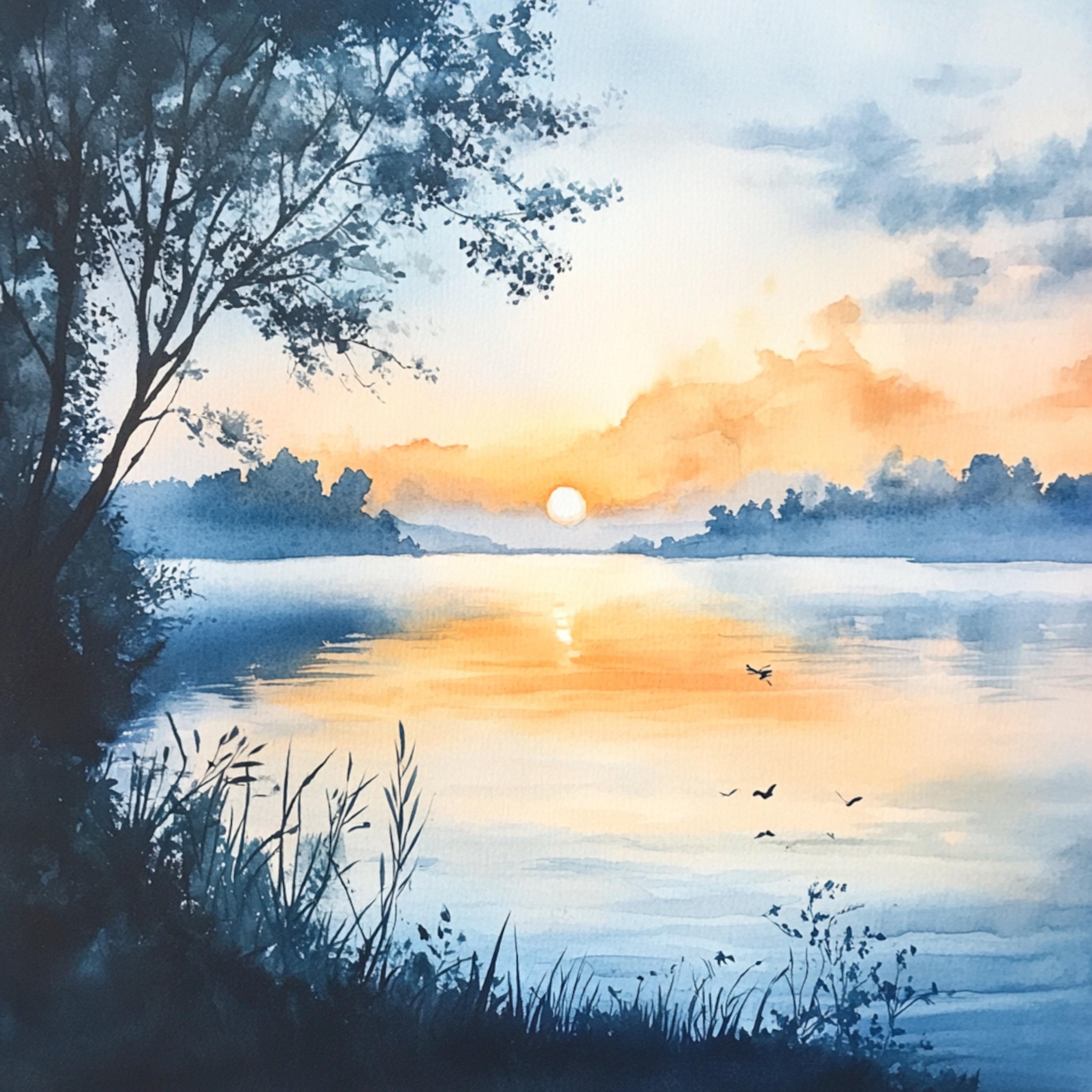 印刷可能な朝の湖の風景10選、日の出の湖の水彩画、夏の朝の湖、商用