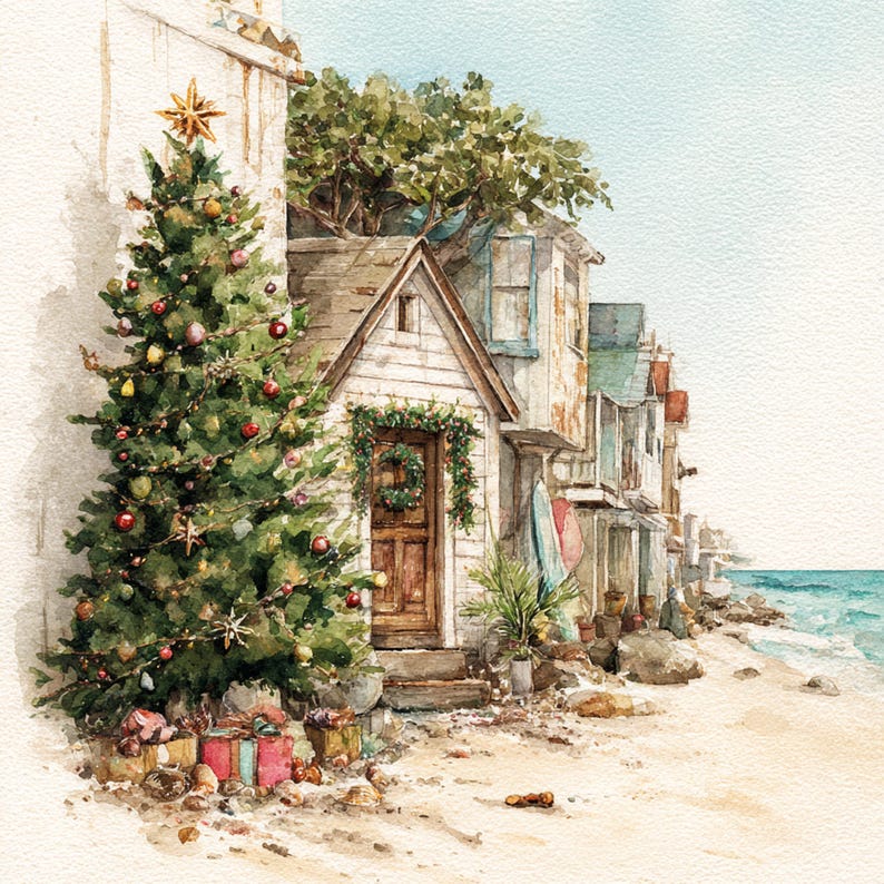 May include: Watercolor painting of a coastal Christmas scene. A decorated Christmas tree stands next to a white cottage with a wreath on the door. Presents are at the base of the tree, and the ocean is in the background.