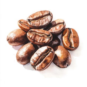 May include: A close-up of a group of eight coffee beans. The beans are brown and have a slightly shiny surface. They are arranged in a pile, with some overlapping.