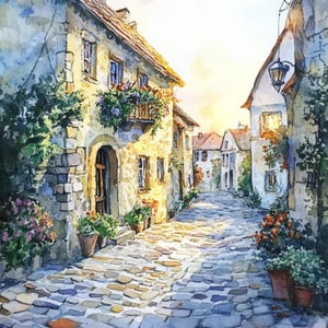 10 aldeias europeias para impressão, aquarela, cartão de aldeias, cenário romântico, paisagem urbana vintage, interior italiano, ilustrações em pastel suave
