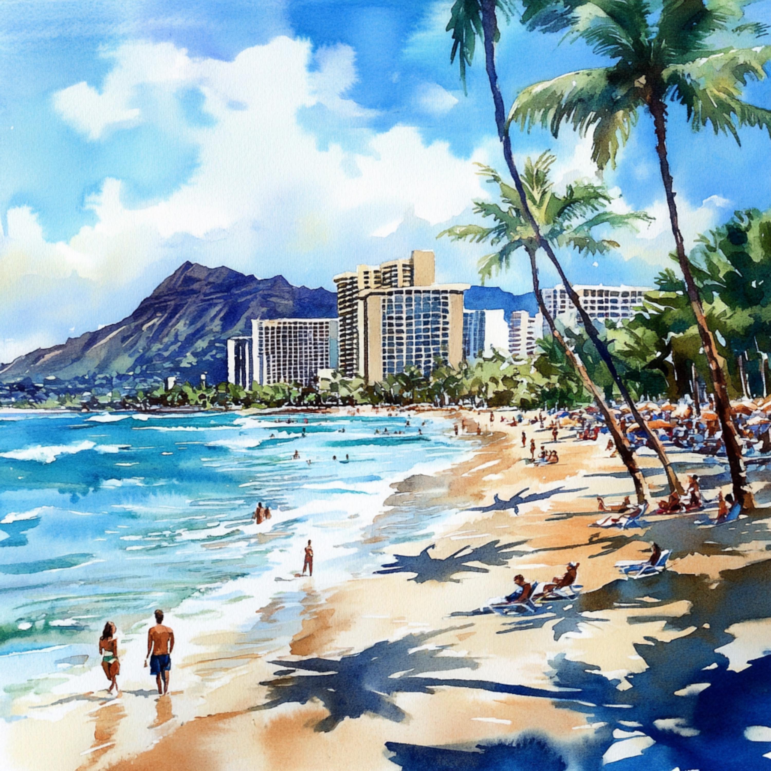印刷可能なハワイの風景写真10枚、ハワイのビーチの水彩画、ホノルルの