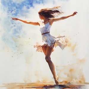 Puede incluir: Pintura a la acuarela de una persona bailando con gracia. La figura lleva un vestido blanco con una falda fluida y un cinturón marrón. El fondo presenta un cielo azul y un suelo marrón claro, con el pelo de la persona ondeando al viento.
