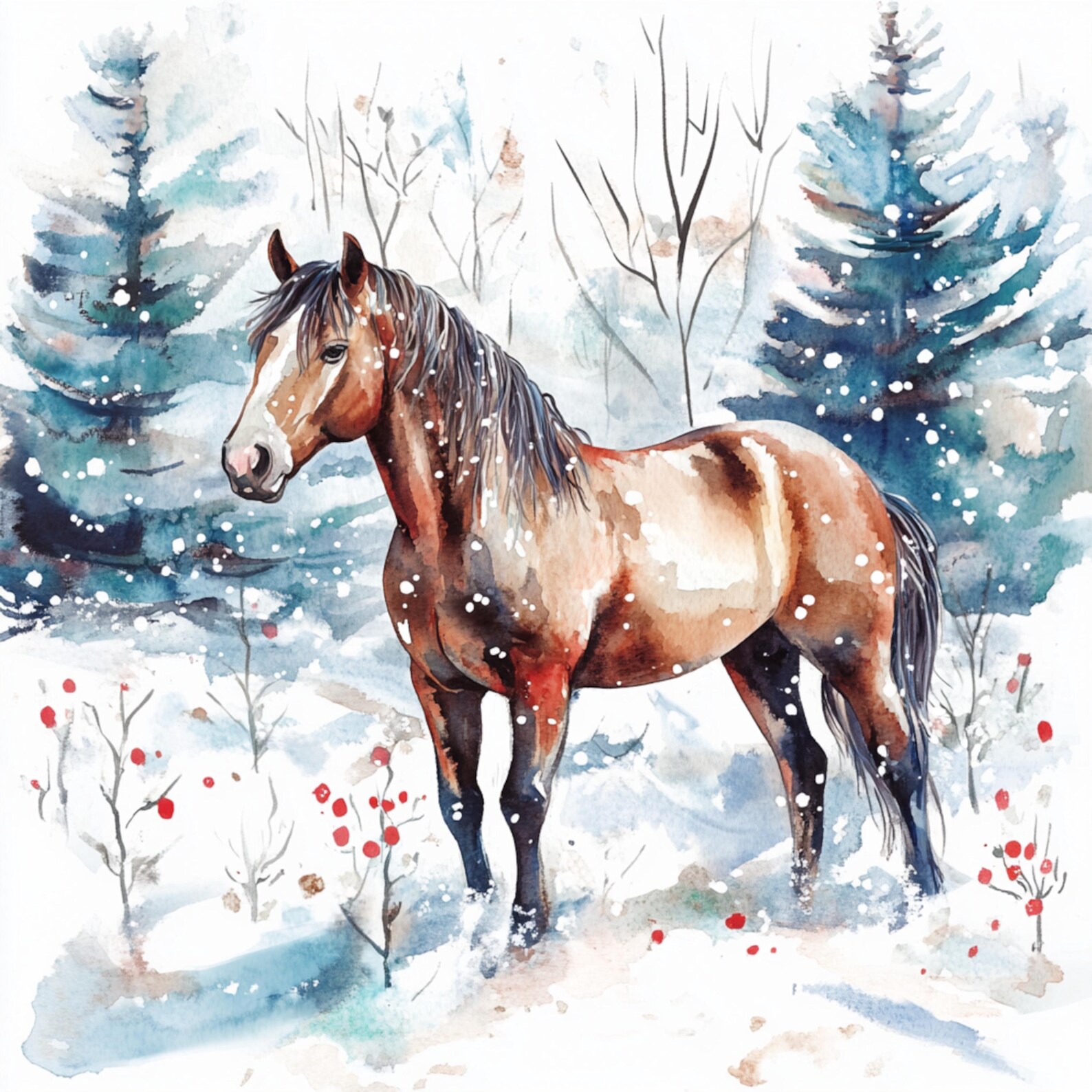 Printable Christmas Horse, Watercolor Horse With Ornaments, Watercolor ...