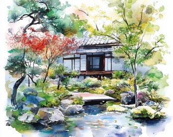 10 印刷可能な日本庭園、水彩画の庭園、桜公園のプリント、和風、商業