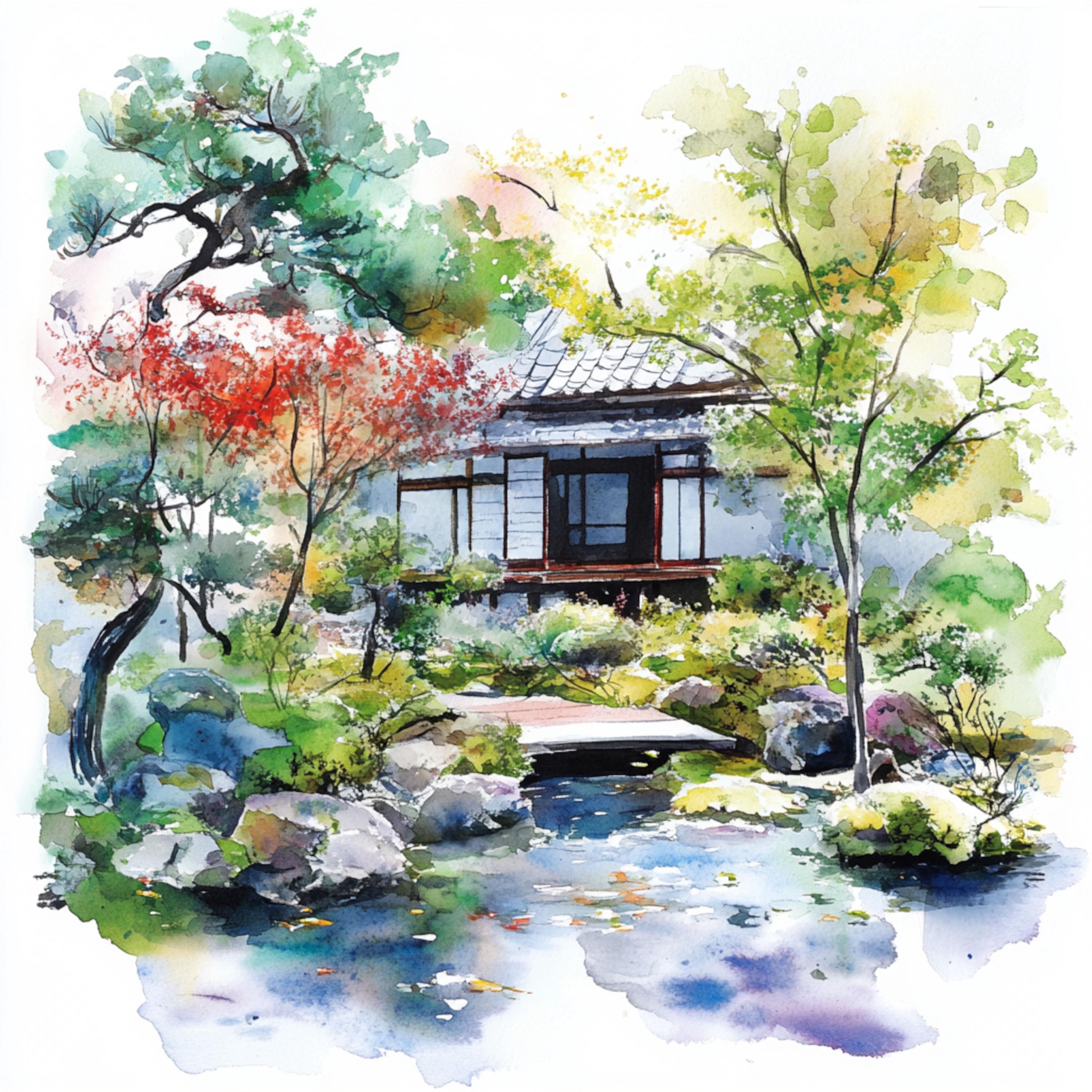 10 印刷可能な日本庭園、水彩画の庭園、桜公園のプリント、和風、商業