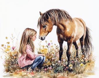 印刷可能な小さな女の子と馬、水彩画の女の子とポニーのアート、水彩画