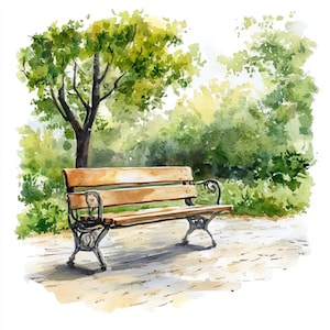 Könnte beinhalten: Aquarellmalerei einer Parkszene mit einer Holzbank mit verzierten schwarzen Metallarmlehnen und -beinen. Die Bank steht auf einem Steinweg, mit einem Baum und üppigem grünen Laub im Hintergrund. Das Kunstwerk hat eine weiche, natürliche Farbpalette.