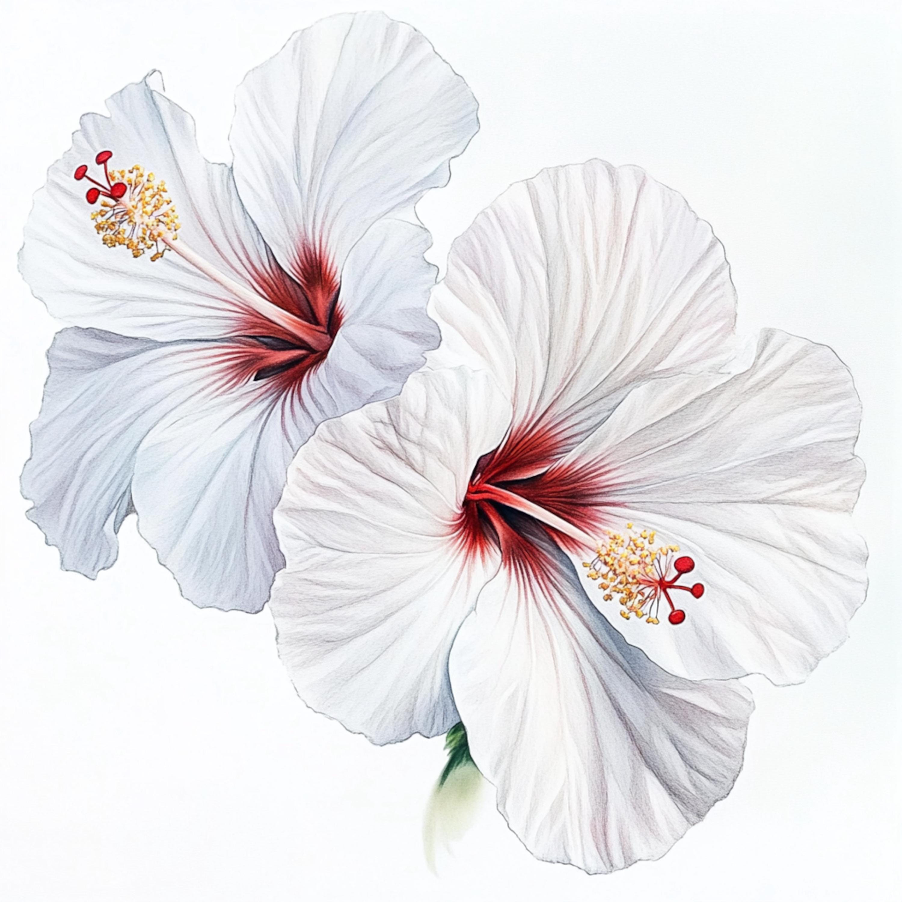 印刷可能な白いハイビスカスの花の装飾、水彩画、ハイビスカスの植物