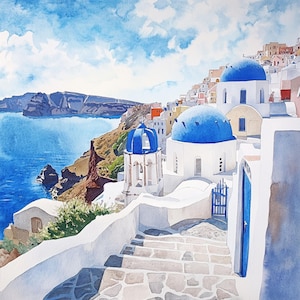 May include: A watercolor painting of a white building with blue domed roofs in a village setting. The building is on a hillside overlooking a body of water. The sky is blue with white clouds.
