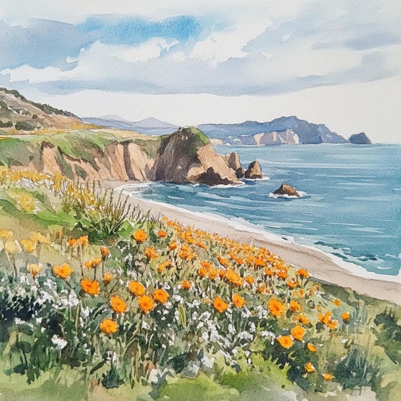 10 Printable California coast landscape art, California art, Ocean coast art, Watercolor ocean Clip Art, Pasific beach landscape art