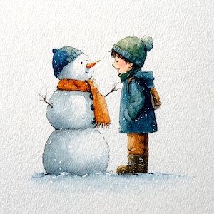 11 Printable kid and Snowman, Child make Snowman art, Watercolor Snowman, Digital Holliday decor, Paper craft, Marry Christmas card