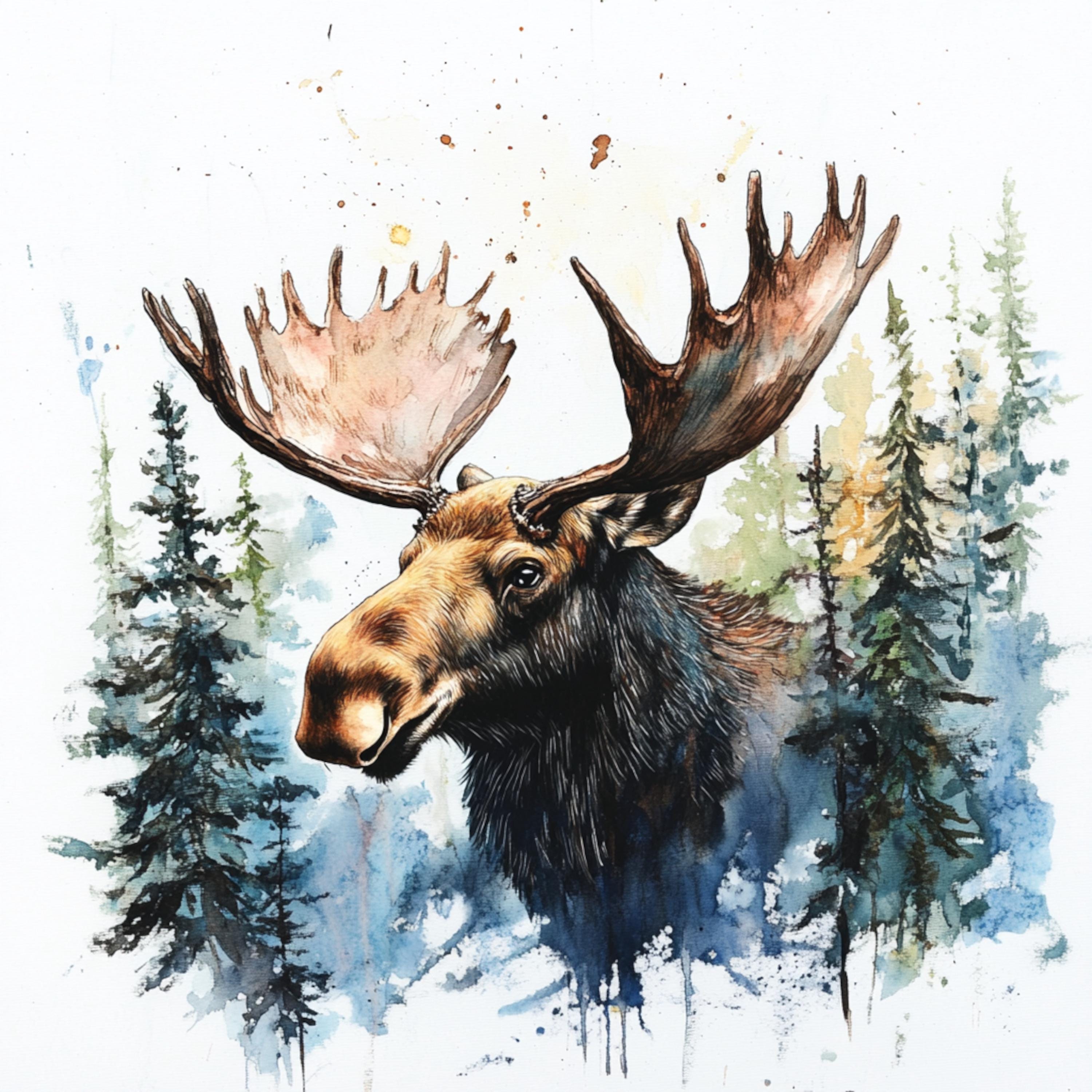 10 Printable Moose in Forest Landscape Art, Moose Card, Watercolor ...