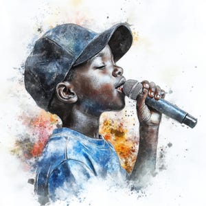 Aquarell Singende schwarze Junge, kleine Sängerin, Junge schwarze Junge, Aquarell Clipart, Digital download, Gritting Karte für Musiker
